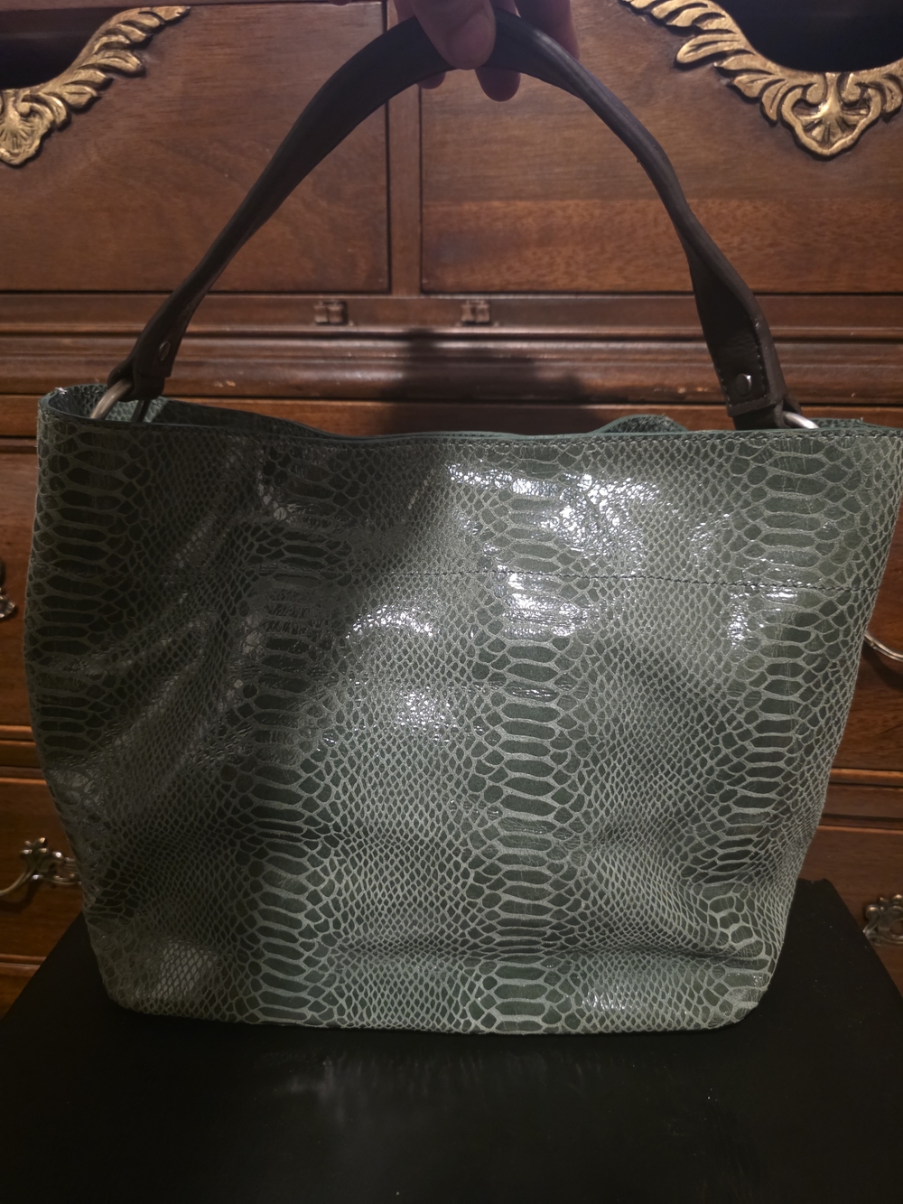 Chocolat Blu Olive Faux-Snake Tote with Dark Brown Handles